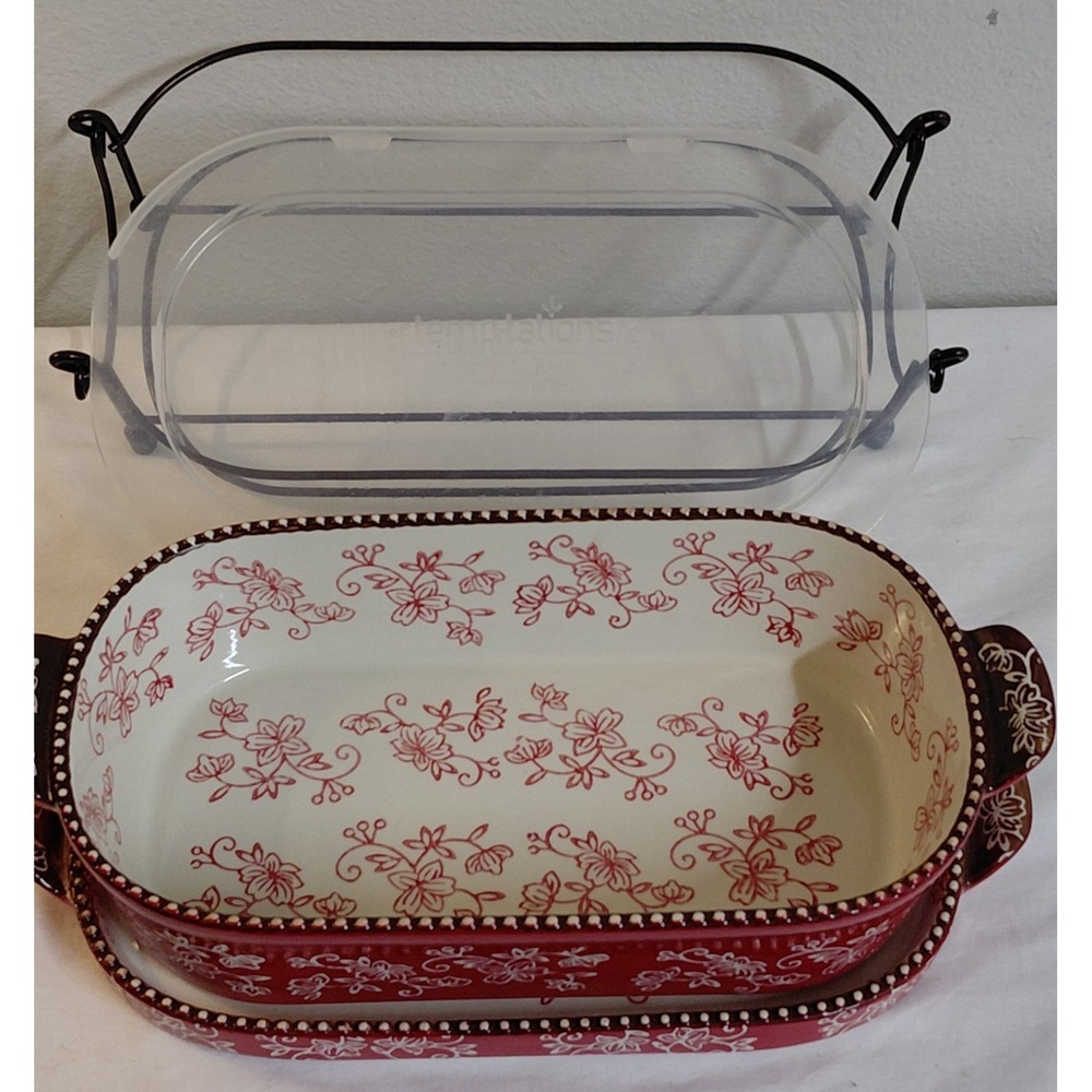 Temp-tations by Tara Floral Lace 2 Qt Baking Dish Set w Lid Tray Rack Red Floral - Picture 6 of 12